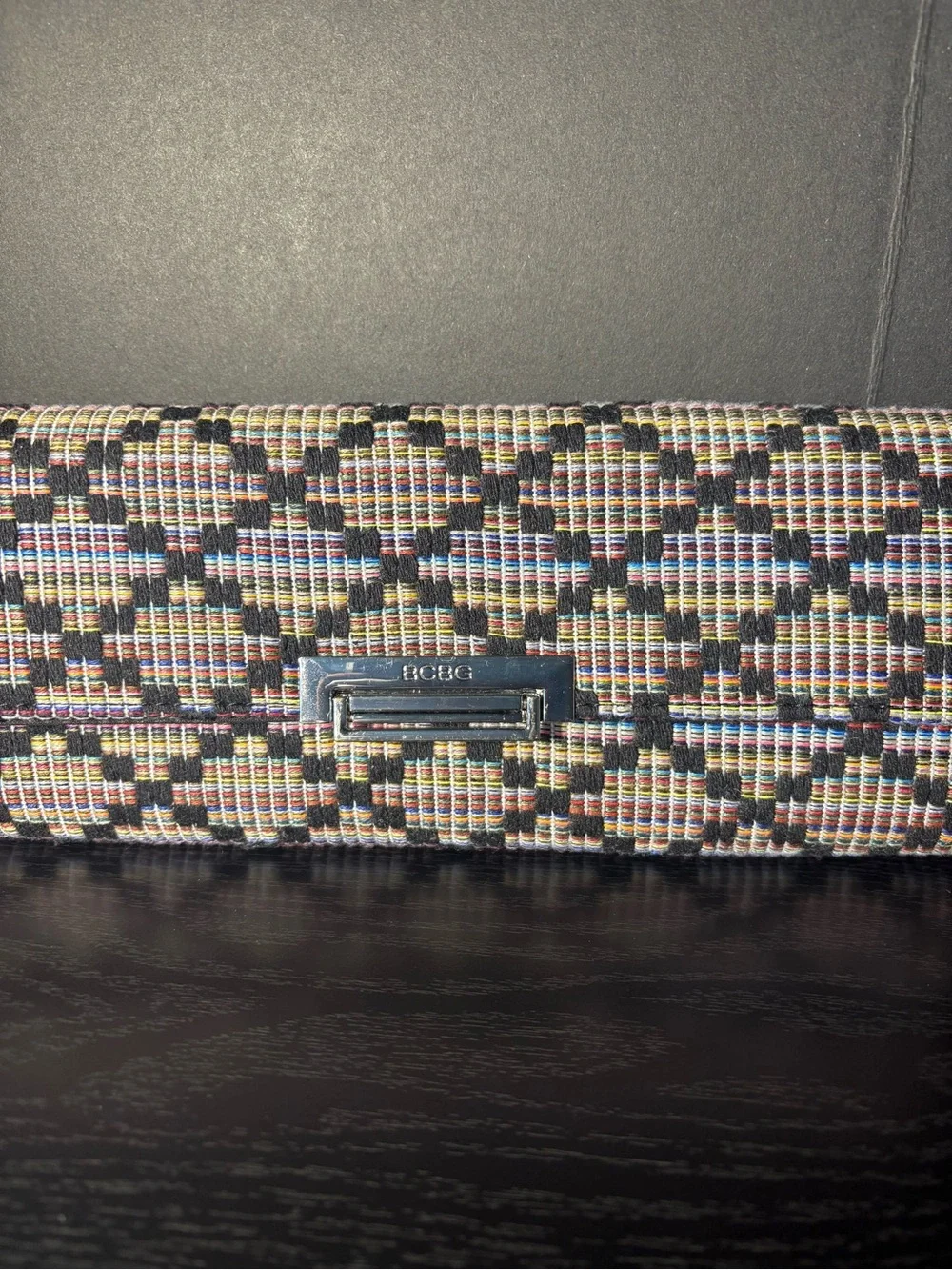 BCBG Multicolor Woven Clutch with Black Trim